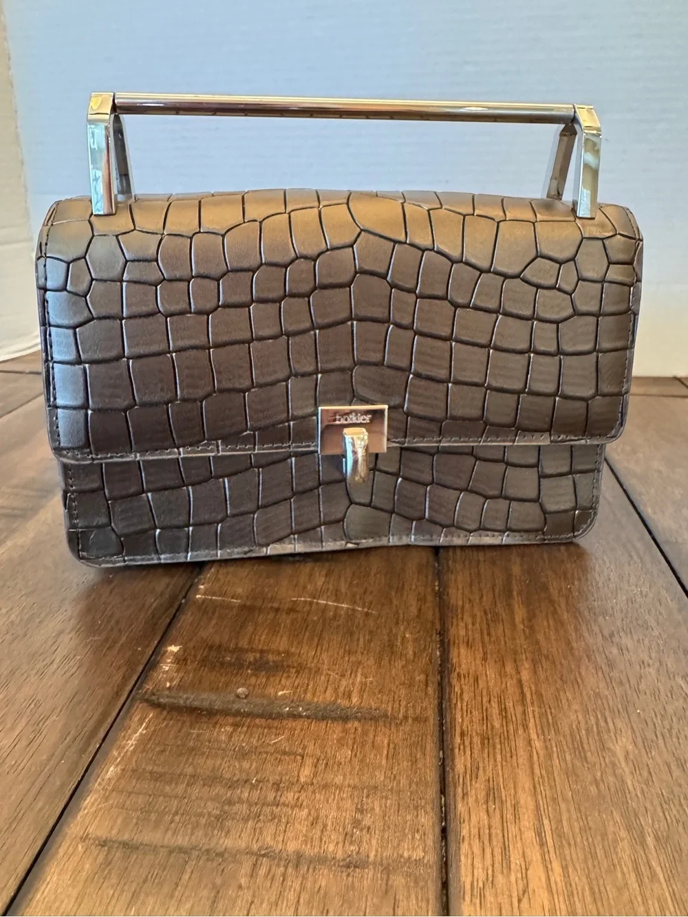 VTG BOTKIER LENOX GUNMETAL CROC LEATHER CHAIN CROSS BODY TOP HANDLE BAG PURSE